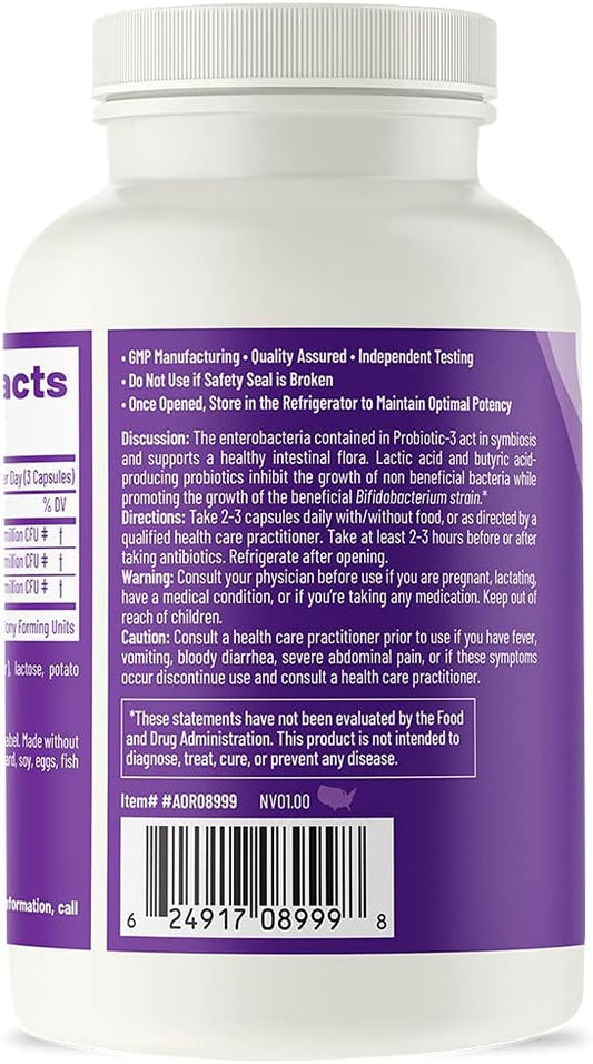 Aor, Probiotic 3, Digestive Aid For A Healthy Gastrointestinal Tract, Gut Flora And Immune Response, Dietary Supplement, 45 Servings (90 Capsules)