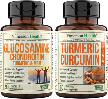 Vimerson Health Glucosamine Chondroitin + Turmeric Curcumin 2-Bottle Supplement Bundle. Occasional Joint Discomfort Relief, Inflammation Balancing And Antioxidant Properties. Immune Support