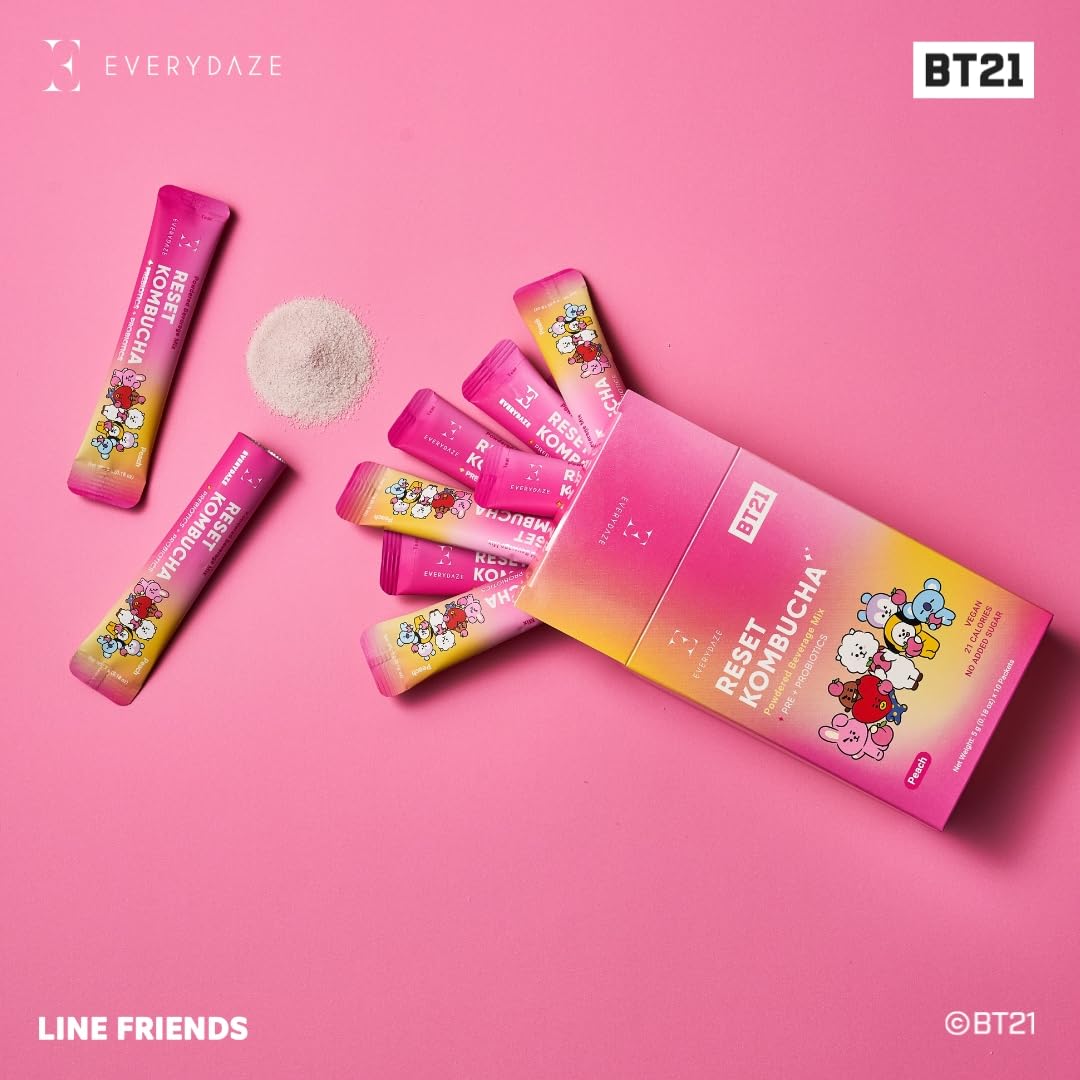 Everydaze Bt21 Reset Kombucha Tea Powdered Beverage Mix | 10 Sticks | Prebiotics + Probiotics | Vegan | No Added Sugar, Gluten Free, Sparkling Powder Drink Pack (Peach)