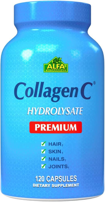 Alfa Vitamins Collagenc Hydrolysate Premium Dietary Supplement With Vitamin C, Supports Skin, Hair, Nails & Bone Health, Enhances Collagen Production, Collagen Peptides For Rejuvenation,120 Capsules