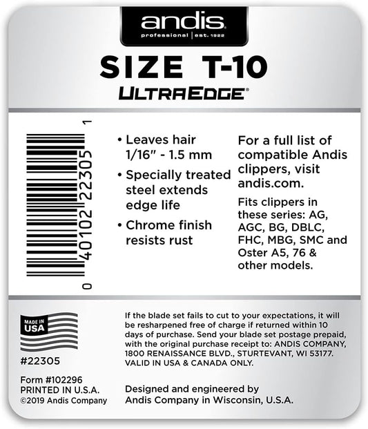 Andis Carbon-Infused Steel Ultraedge Dog Clipper Blade, Size-T-10, 1/6-Inch Cut Length (22305)