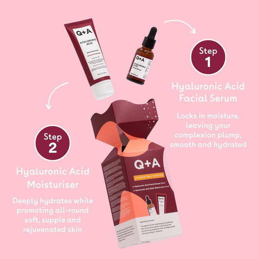 Q+A Hydrating Heroes Skincare Gift Set, Contains Hyaluronic Acid Facial Serum 30Ml, Hyaluronic Acid Daily Moisturiser 75Ml, Natural Hydration For All Skin Types, Softens & Plumps For Radiant Glow