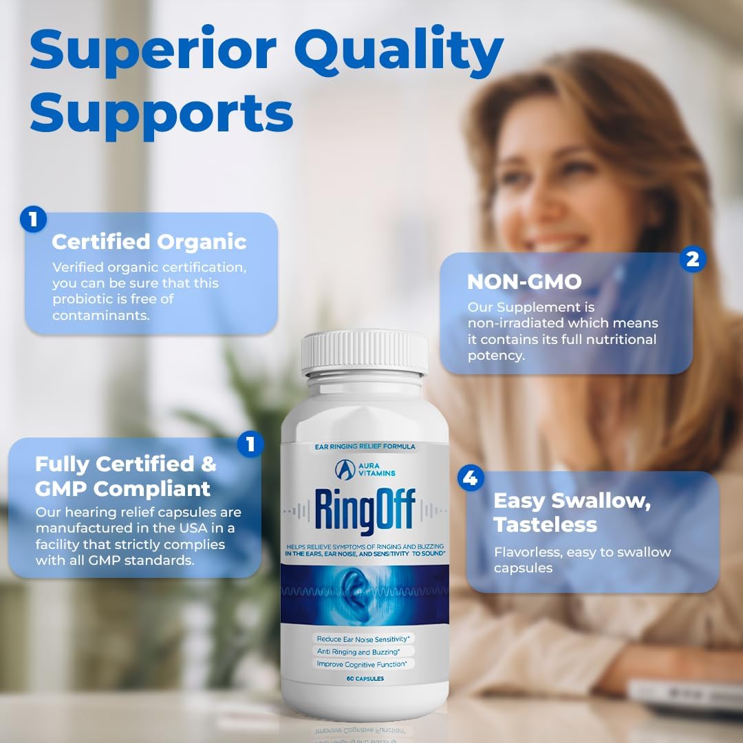 AURA VITAMINS Ring Off Tinnitus Relief: Natural Solutions for Quieting Ear Ringing & Restoring Inner Peace - Hearing Health Support with Effective Remedies & Tips – 60ct. (1) : Health & Household