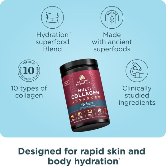 Ancient Nutrition Advanced Multi Collagen Protein Powder Hydrate, Mixed Berry, 30 Servings