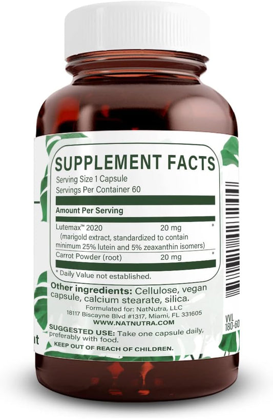 Natural Nutra Lutein And Zeaxanthin Supplement, Helps To Maintain Vision Health, Protects Cell In Eyes, Gluten Free, Soy Free, 20Mg - 60 Capsules