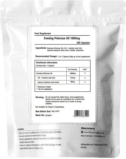Ukhealthhouse Evening Primrose Oil – Epo Capsules, 1000Mg X 360 Softgels – High Strength Omega 6 Gla Content – Great For Skin, Immune System, Hormonal Pain, Hot Flushes & Women’S Health