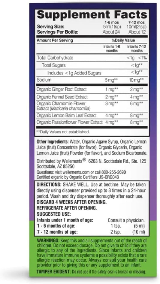 Wellements Organic Nighttime Gripe Water | Bedtime Relief for Baby Gas, Colic & Fussiness | Sleepy Time Herbs Promote a Peaceful Night’s Sleep | USDA Certified Organic & Non GMO | 1 Month +, 4 Fl Oz