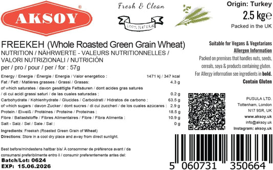 Aksoy Wholefoods Whole Grain Freekeh 2.5Kg | Nutritious And Natural Grain Option With High Fiber Content, Perfect For Soups, Pilafs, And Salads – A Delicious And Wholesome Choice