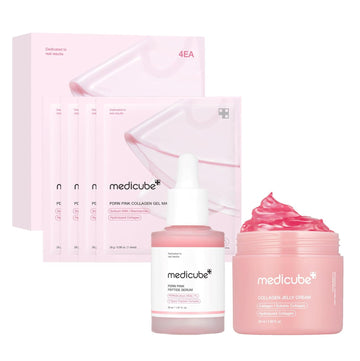 Medicube Pink Glass Glow Skin Trio - Salmon Dna Pdrn Pink Collagen Jelly Gel Mask (4Ea) + Pdrn Pink Peptide Serum, Glow Serum 50Ml +Collagen Jelly Cream-50Ml