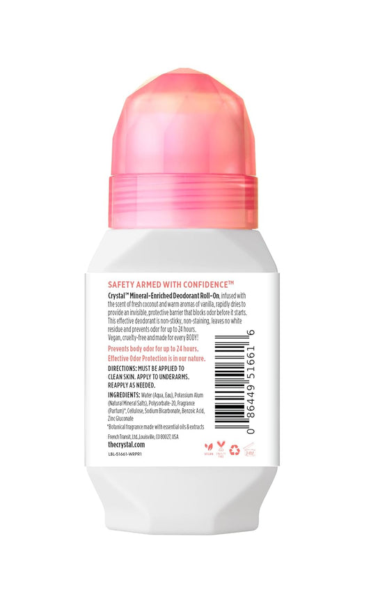 CRYSTAL Mineral Deodorant Coconut Vanilla Roll-On Body Deodorant With 24-Hour Odor Protection, Paraben Free, 2.25 FL OZ (Packaging May Vary) (2.25 Fl Oz/66ml)