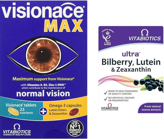 Visionace Max - 56 Tablets Bundle With Vitabiotics Ultra Bilberry, Lutein And Zeaxanthin - 30 Tablets
