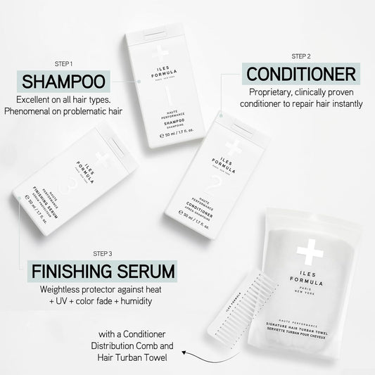 Iles Formula Limited Travel Edition Hair Care Set With Mini Shampoo, Conditioner, Finishing Serum, Comb, & Absorbent Turban Hair Towel, Travel-Friendly