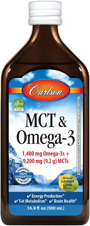 Carlson - Mct & Omega-3, 1480 Mg Omega-3S, 9200 Mg Mcts, Keto-Friendly, Caprylic & Capric Acids, Energy Production, Fat Metabolism, Lemon-Lime, 500 Ml (16.9 Fl Oz)