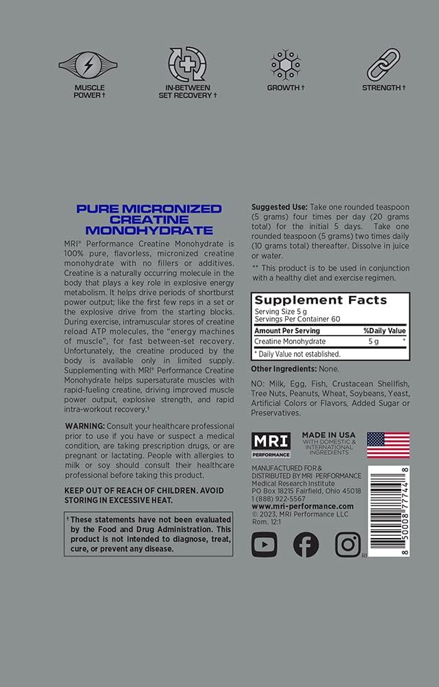 Mri Performance Creatine Monohydrate Powder 5G,100% Pure Micronized Creatine Supplement, Muscle Growth & Recovery, Build Muscle, Increase Strength, Performance, Endurance, 300G, 60 Serv, Unflavored : Health & Household