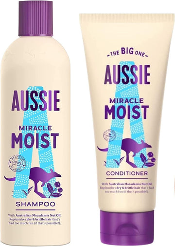 Aussie Miracle Moist Shampoo And Conditioner Set With Macadamia Nut Oil, For Dry And Brittle Hair, 2-Piece
