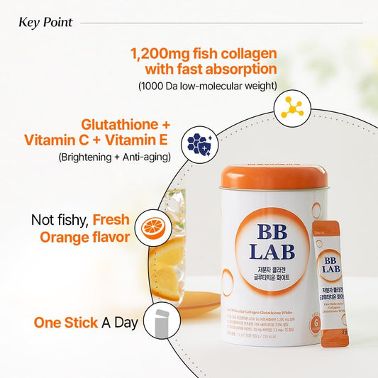 Bb Lab Collagen Glutathione White, Low Molecular Korean Stick Supplement, Fish Peptides, Vitamin C, Vitamin E, Glutathione, Fast Abosorption, Orange Flavor
