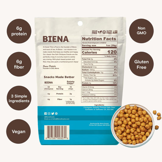 Biena Crispy Roasted Chickpea Snacks, Sea Salt, High Protein Snacks, High Fiber Snacks, Gluten Free, Plant-Based, Healthy Snacks For Adults And Kids, 8-Pack 5 Ounce Bags