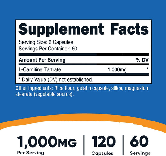 Nutricost L-Carnitine Tartrate 1000Mg, 120 Capsules - 500Mg Per Capsule (60 Servings)