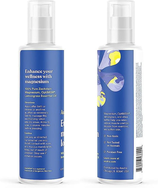 ASUTRA Everyday Magnesium Lotion with OptiMSM, 6.76 Fl Oz | Rapid Absorption | Supports Healthy Joints and Muscles | Vitamins A and E, shea Butter for Soft, Smooth Skin | Lemongrass Essential Oil