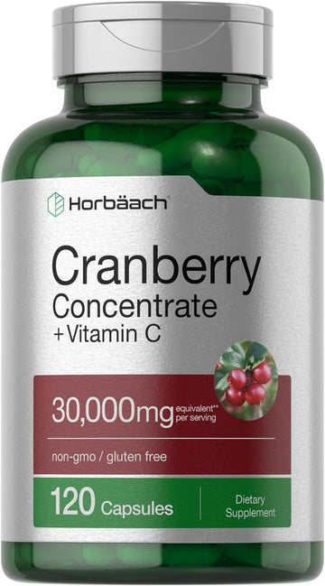 Horbäach Cranberry Concentrate Extract Pills + Vitamin C | 30,000Mg | 120 Capsules | Triple Strength Ultimate Potency Formula | Non-Gmo And Gluten Free Supplement