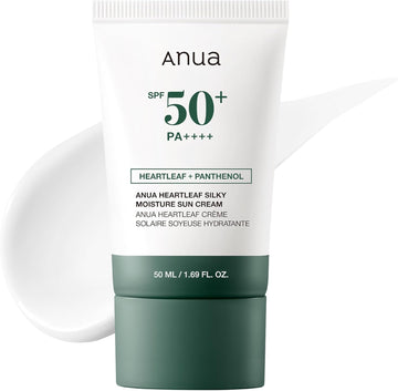 Anua Heartleaf Silky Moisture Sun Cream Spf 50 Pa++++, Korean Sunscreen For Face, Korean Skincare, Korean Makeup Base, Niacinamide, Fragrance Free, Travel Essentials, No White Cast, 50Ml /1.69Fl.Oz