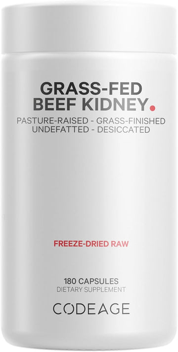Codeage Grass Fed Beef Kidney Supplement - Freeze Dried, Non-Defatted, Desiccated Glandulars Nutrition Bovine Pills β Pasture Raised Beef Vitamins - Non-Gmo -180 Capsules