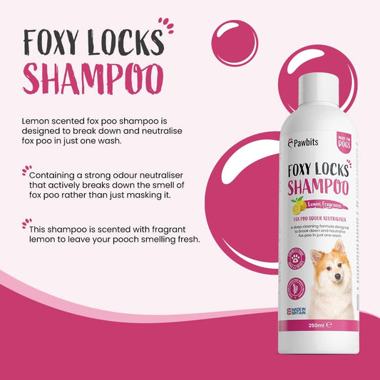 Pawbits Foxy Locks Dog Shampoo For Smelly Dogs To Help Remove Fox Poo 250Ml – A Concentrated Lemon Scented Formula For Deep Cleaning, To Neutralise Strong OdoursFoxwaste-250