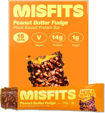 Misfits Vegan Protein Bar, Peanut Butter Fudge, Plant Based Low Sugar, High Protein Snacks With 15G Protein Per Bar, Low Carb, 1G Sugar, High Fibre, Healthy Snack, 15 X 50G Bars (Vegan)