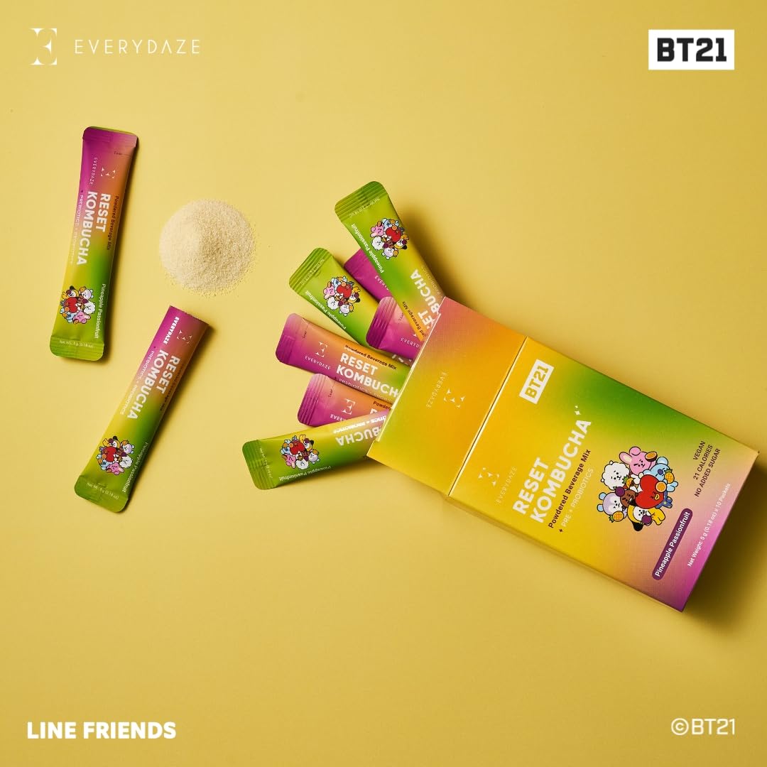 Everydaze Bt21 Reset Kombucha Tea Powdered Beverage Mix | 10 Sticks | Prebiotics + Probiotics | Vegan | No Added Sugar, Gluten Free, Sparkling Powder Drink Pack (Pineapple Passion Fruit)