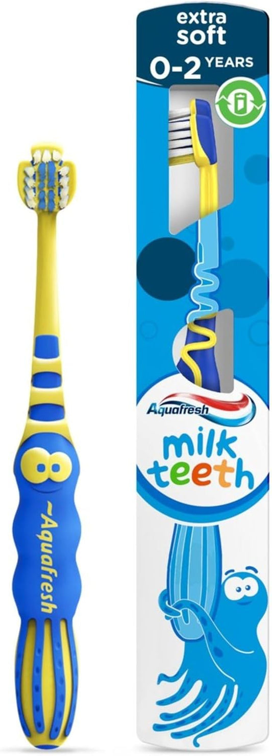 Aquafresh Milk Teeth Baby Toothbrush, Specially Designed for Children aged 0-2 by Dental Experts, Toddler Toothbrush in Plastic-free Packaging, Extra Soft Bristles - Assorted (Random) Color : Amazon.co.uk: Health & Personal Care