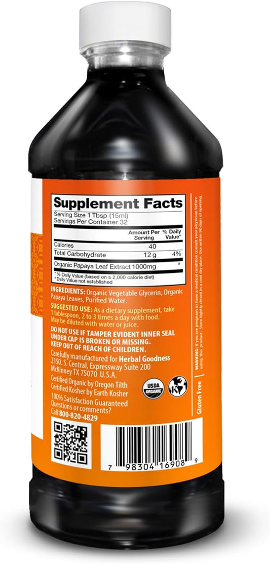 Herbal Goodness Papaya Leaf Extract Platelet Support - 15X Blood Platelet Boost, Bone Marrow & Spleen Support, Immune & Gut Health, Digestive Enzyme - Organic Kosher 16 Oz Liquid Extract