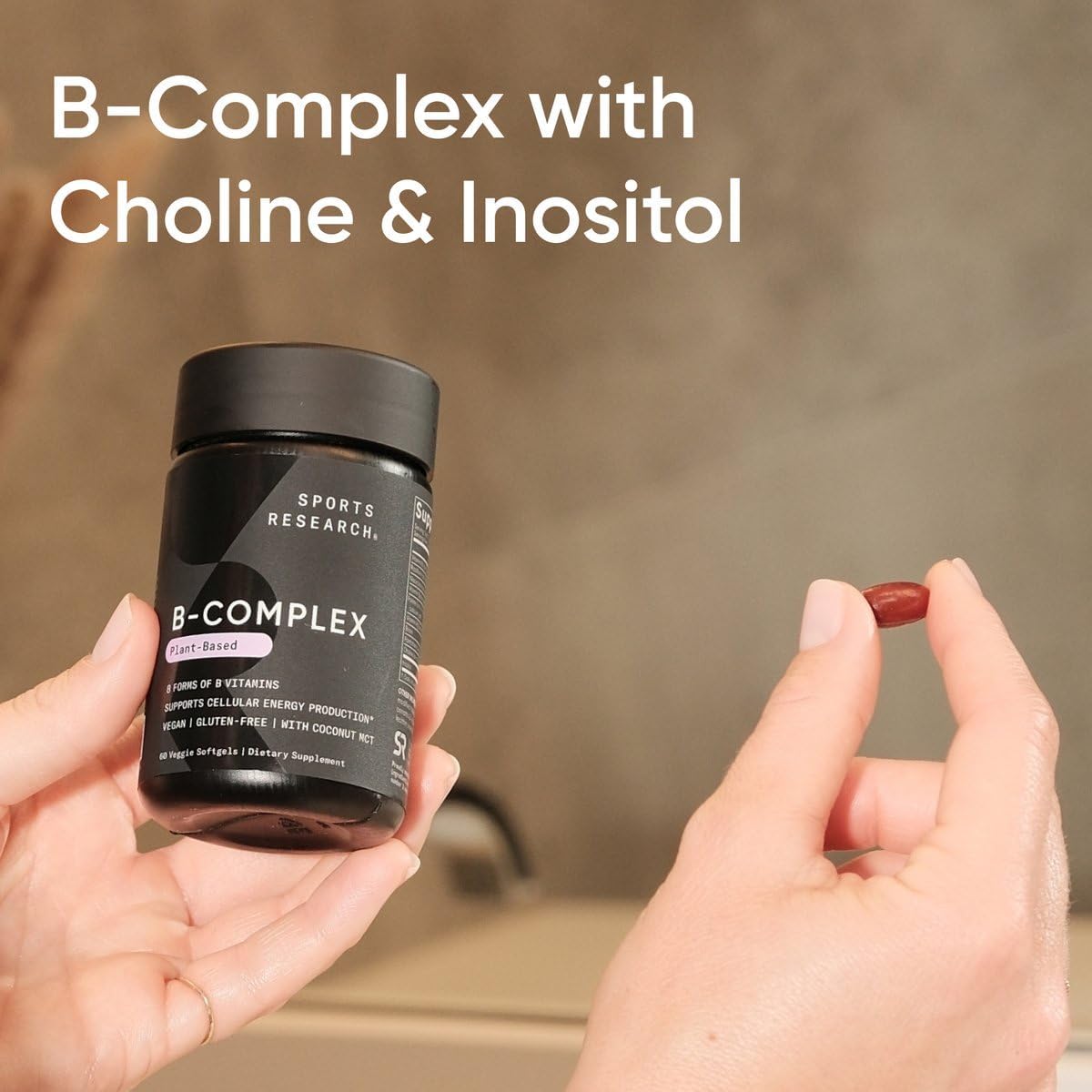 Sports Research® Vegan Vitamin B Complex - All 8 Active Forms With Methyl Folate, Methyl B12, B6, Biotin W/Choline & Inositol - Cellular Energy Support* - Vegan · Gluten Free · Non-Gmo - 120 Softgels