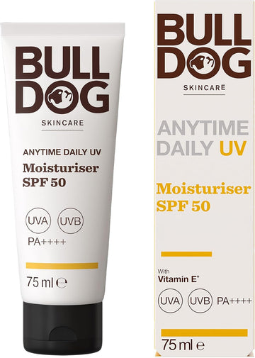 Bulldog Skincare Anytime Daily Uv Moisturiser Spf 50 For Men 75 Ml, Sunflower Seed Extract, Protects & Hydrates Skin, Suitable For All Skins