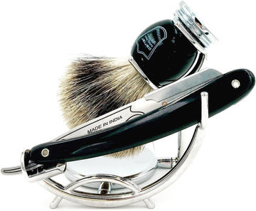 Parker Safety Razor Classic Black Straight Edge Barber Razor Shave Set - Includes 100% Pure Badger Brush, Chrome Stand, Srb Shavette Razor And 100 Blades