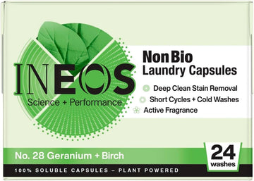 Ineos Non Bio Laundry Washing Capsules, 24 Washes, High Performance Stain Remover For Clothes, Plant Powered, Soluble Capsules, For Sensitive Skin, Rhubarb + Pomegranate