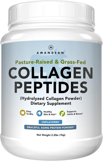 Amandean Collagen Peptides Powder 1Kg. Grass-Fed, Enzymatically Hydrolyzed, Type 1 & 3. Agglomerated, Easy To Mix, Unflavored, Non-Gmo. Protein With 18 Amino Acids For Healthy Skin, Hair, Nails