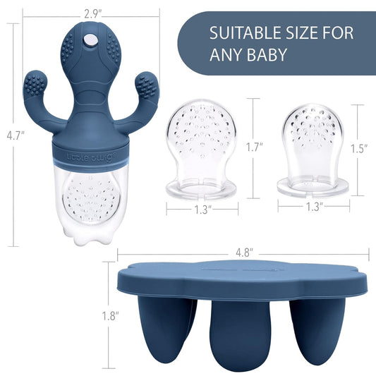 Little Twig Baby Fruit Feeder Pacifier Teether | Food Freezer Tray With Lid | Bpa Free Silicone Freezable Teether | Feeding Set For Breast Milk Ice Cubes, Baby Food, Fruit Purees (Steel Blue)