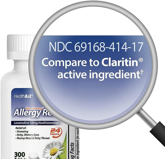Healtha2ZĀ® Allergy Relief | Loratadine 10Mg | Antihistamine | Non-Drowsy | Relief From Itchy Throat, Sneezing, Runny Noses | 24-Hours Allergy Medicine (300 Tablets)