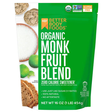 Betterbody Foods Organic Monk Fruit Sweetener Blend, Raw Cane Sugar Substitute, Zero Calorie, Keto Diet Friendly, Zero Net Carbs, Zero Glycemic, Baking, Extract, Sugar Replacement, 1Lb, 16Oz