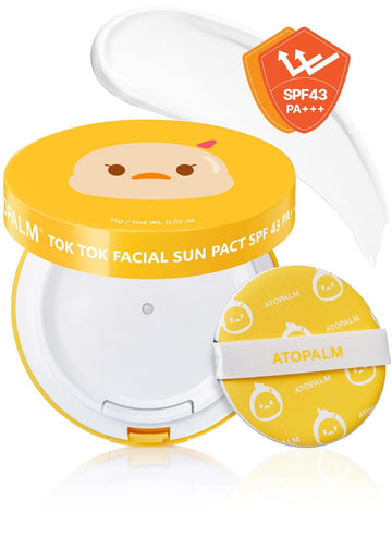 Atopalm | Tok Tok Facial Sun Pact | Sun Cushion Spf43 Pa+++ | Sunscreen Korean | For Dry And Sensitive Skin | Outdoor Sunscreen Compact | Moisturizing Spf Cushion Mineral Cream | Korean Skincare | 15G
