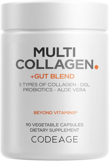 Codeage Multi Collagen + Gut Blend Supplement - Digestive Probiotics, Dgl Licorice, Aloe Vera, Organic Peppermint Leaf, Slippery Elm - Hydrolyzed Bovine Collagen Pills - Non-Gmo - 90 Capsules