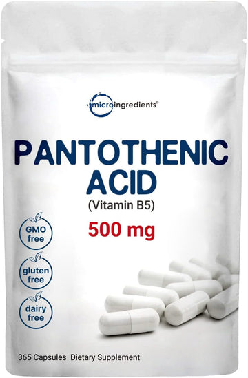 Micro Ingredients Pantothenic Acid Vitamin B5 Supplement, Vitamin B5 500Mg Per Count, 365 Capsules (1 Year Supply), B-Complex Vitamin, Support Energy Production And Nervous System, Non-Gmo