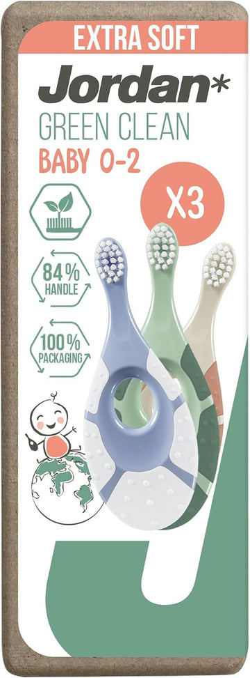 Jordan ® | Step 1 Green Clean Toddler Toothbrush | Sustainable Baby Toothbrush 0-2 Years | Bio Based Extra Soft Bristles, 84% Recycled Handle, Soft Biting Ring | Mixed Colors | Pack 3 Units