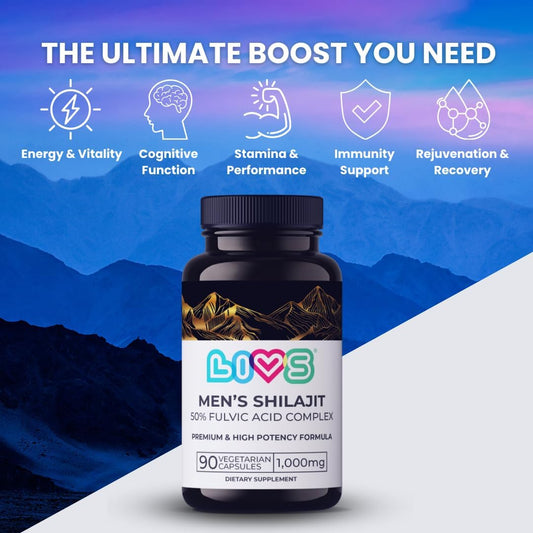 Livs Men’S Shilajit Fulvic Acid Complex - Pure Himalayan Shilajit Capsules | 1,000Mg Of Himalayan Extract Per Serving, 500Mg Of Fulvic Acid Per Serving, 90 Count