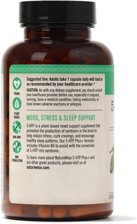 Naturewise 5-Htp 200Mg Mood Support, Natural Sleep Aid Helps Promote Healthy Eating Habits, Easy-To-Digest Delayed Release Capsules Enhanced W/ Vitamin B6, Non-Gmo (2 Month Supply - 60 Count)