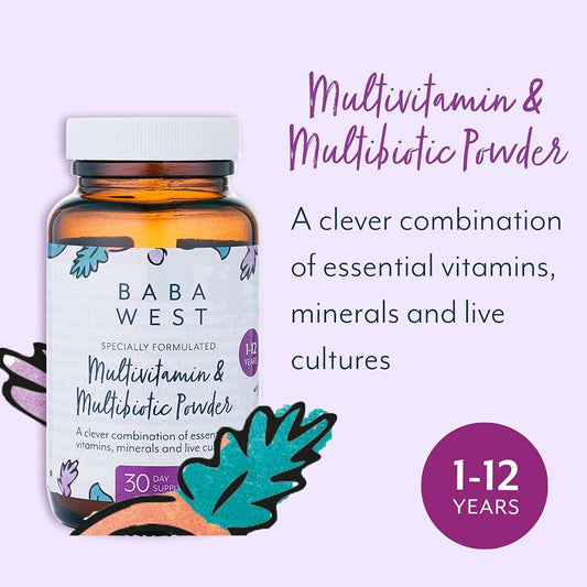 Baba West Children’S Multivitamin & Multibiotic Powder (1-12 Years) - Kids Multivitamin With Friendly Bacteria - Supports Immunity & Gut Health - 1 Month Supply (30 Days)