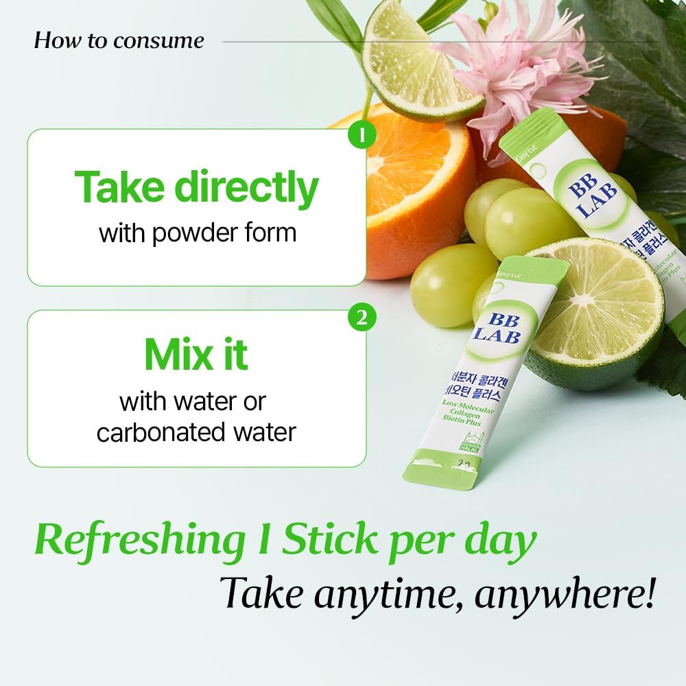 Bb Lab Low Molecular Collagen Biotin Plus, Halal Collagen, Powder Supplement, Korean Marine Collagen, Fish Collagen Peptides, Biotin, Vitamin C, Fast Absorption, Shine Muscat Flavor : Health & Household