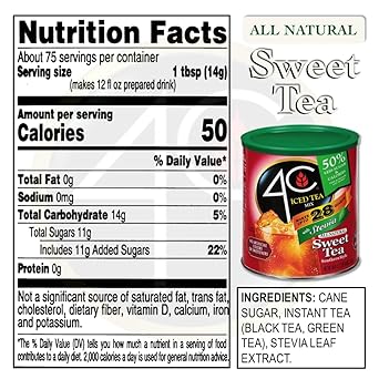 4C Reduced Sugar Powdered Drink Mix Canisters, Iced Tea, 28 Quarts, Family Sized Canister, Thirst Quenching & Refreshing Flavors (Sweet Tea, 36.9 Ounce (Pack Of 1))