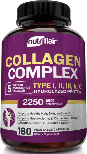 Nutriair Multi Collagen Peptides 2250Mg, 180 Capsules - Type I, Ii, Iii, V, X - Collagen Supplements Complex Powder Pills For Women And Men - Hydrolyzed Protein, Healthy Hair, Skin, Nails - Non-Gmo