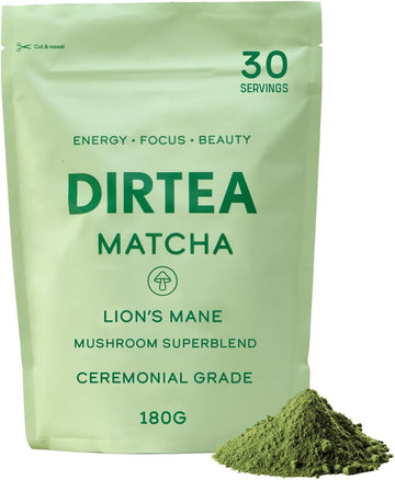 Dirtea Matcha Powder - 100% Organic Ceremonial Grade Matcha From Japan - Mushrooms Super Blend Tea With Lions Mane & Tremella - 2,500Mg Per Serving - Vegan & Non Gmo - 180G - 30 Servings
